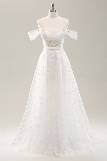 Hvid A Line Off the Shoulder korset brudekjole med blonder op bagpå